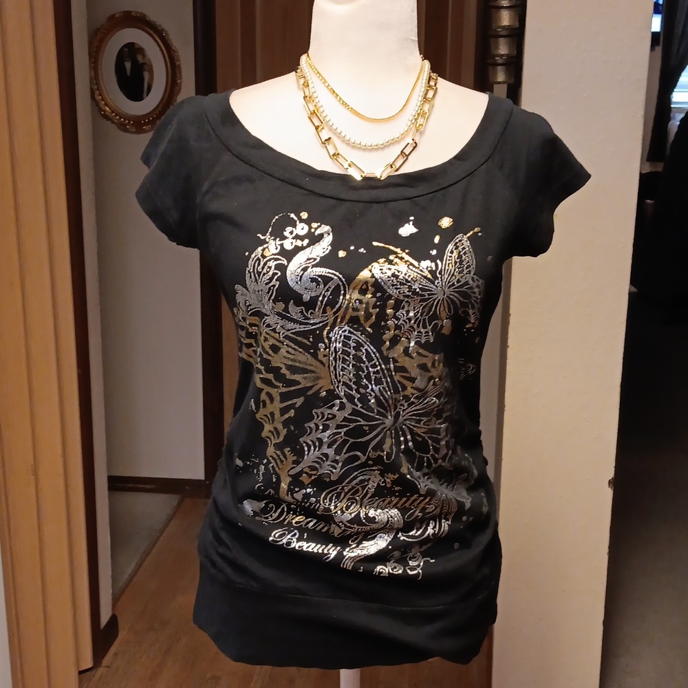 M- FASIS BLACK SILVER AND GOLD BUTTERFLY TSHIRT